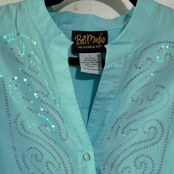 EUC AQUA BLUE EMBELLISHED IRIDESCENT SEQUINS LONG SLEEVE BLOUSE TOP WOMEN'S L - Picture 4 of 4
